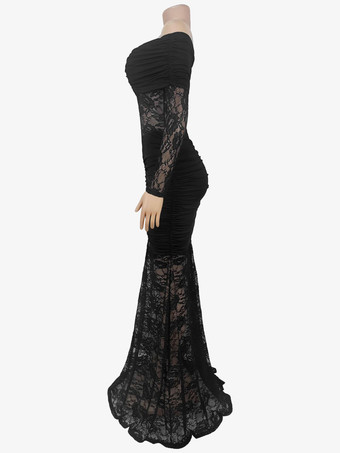 オフショルダー ルーシュ レース シアーパネル スリムフィット フィッシュテール ロングガウン レディース 2026