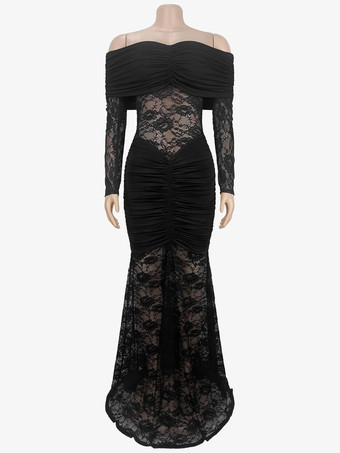 オフショルダー ルーシュ レース シアーパネル スリムフィット フィッシュテール ロングガウン レディース 2026