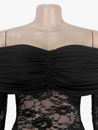 オフショルダー ルーシュ レース シアーパネル スリムフィット フィッシュテール ロングガウン レディース 2026