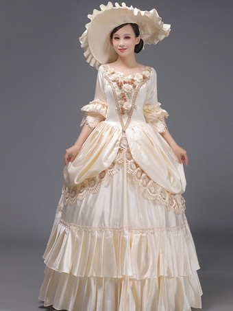 ライトスカイブルーレトロ衣装レースポリエステル帽子女性のマリーアントワネット衣装ロイヤルチュニック仮面舞踏会ボールガウン
