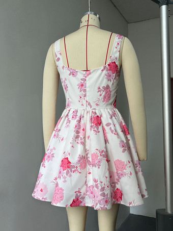 Robe courte rose à imprimé floral et col carré sans manches pour fête d'anniversaire 2026