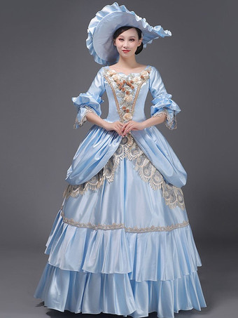 ライトスカイブルーレトロ衣装レースポリエステル帽子女性のマリーアントワネット衣装ロイヤルチュニック仮面舞踏会ボールガウン