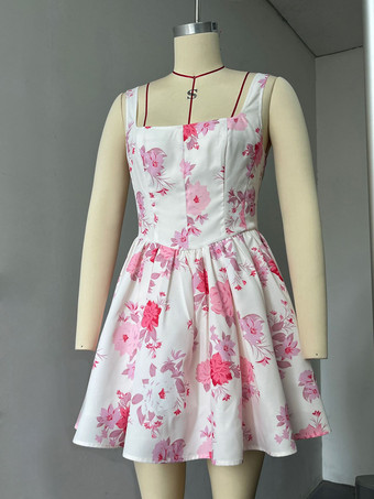 Robe courte rose à imprimé floral et col carré sans manches pour fête d'anniversaire 2026