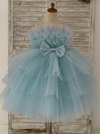 フラワーガールドレスチュールボウジュエルネックノースリーブブルー