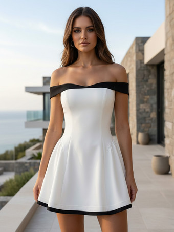 blanc Robe courte à épaules dénudées et manches longues coupe trapèze tenue de soirée sexy pour femme 2026