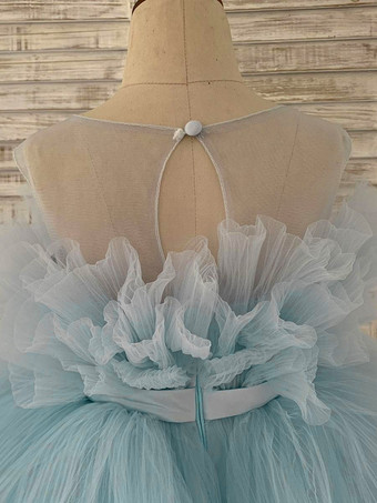 Abito Bambina Fiore Tulle Fiocchi Gioiello Collo Senza Maniche Blu Vestito Cerimonia Bambina