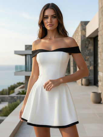 Robe courte à épaules dénudées et manches longues coupe trapèze tenue de soirée sexy pour femme 2026