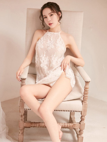 Bridal Lingerie Sexy Lace Chemise White Backless Semi Sheer Mini Dress Halter Nightgown with Scalloped Hem