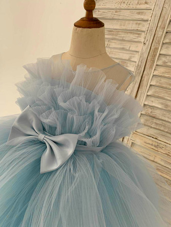 Abito Bambina Fiore Tulle Fiocchi Gioiello Collo Senza Maniche Blu Vestito Cerimonia Bambina