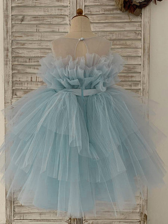 Abito Bambina Fiore Tulle Fiocchi Gioiello Collo Senza Maniche Blu Vestito Cerimonia Bambina