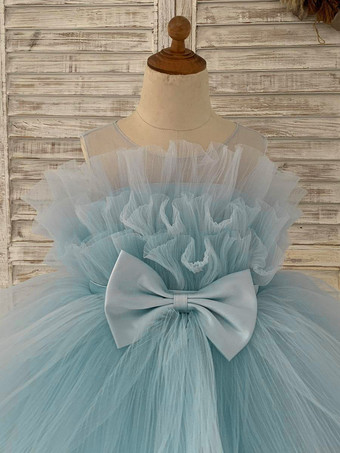 Abito Bambina Fiore Tulle Fiocchi Gioiello Collo Senza Maniche Blu Vestito Cerimonia Bambina