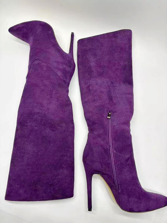 Botas de gamuza hasta la rodilla con punta puntiaguda y detalle de cremallera y tacón alto