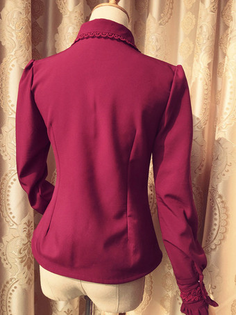 Sweet Lolita Blouse Red Long Sleeve Turndown Collar Bow Ruffled Winter Lolita Shirt