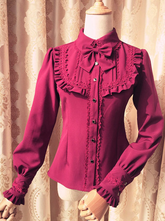 Red Sweet Lolita Blouse Red Long Sleeve Turndown Collar Bow Ruffled Winter Lolita Shirt