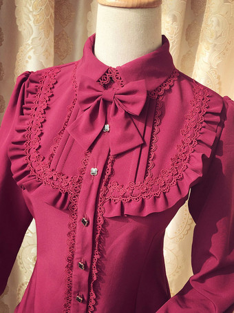 Sweet Lolita Blouse Red Long Sleeve Turndown Collar Bow Ruffled Winter Lolita Shirt