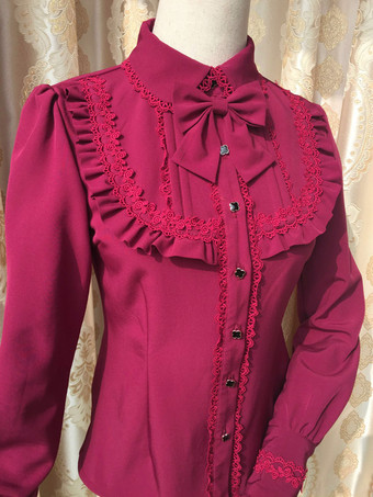 Sweet Lolita Blouse Red Long Sleeve Turndown Collar Bow Ruffled Winter Lolita Shirt