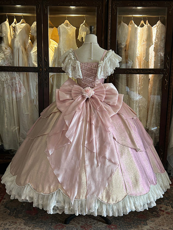 妖精のロリータドレス ピンクのボールガウン ビーズの花 バックリボン レースバンデージ レーススリーブ ロリータドレス