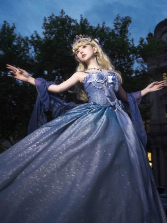 フェアリーロリータドレス ブルー キラキラフラワー リボン ロングロリータドレス