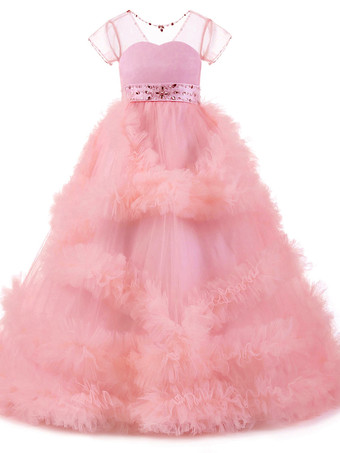 Robe de fille de fleur rose en tulle à volants au sol robe cortège enfant robe cérémonie fille