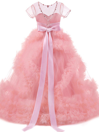 Robe de fille de fleur rose en tulle à volants au sol robe cortège enfant robe cérémonie fille
