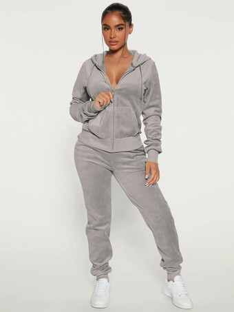 ライトグレー ベロア ジップアップ スリムフィット パーカー ジョガーセット レディース 2026