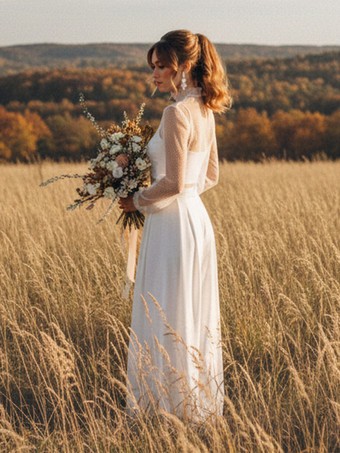 ホワイト花嫁用ウェディング3ピースパンツスーツ レースシフォン イリュージョンネックライン ジッパー 長袖 フロア丈