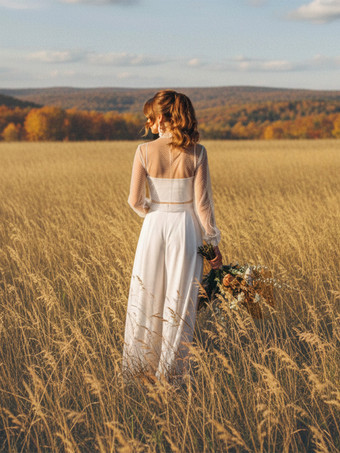 花嫁用ウェディング3ピースパンツスーツ レースシフォン イリュージョンネックライン ジッパー 長袖 フロア丈