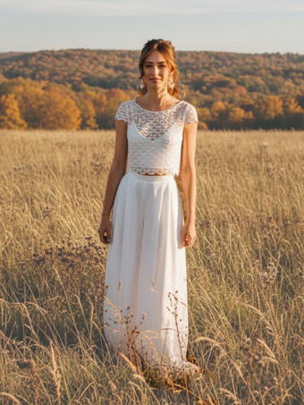 BlancoTrajes de boda de 3 piezas con pantalón encaje gasa escote ilusión largo hasta el suelo cremallera y mangas cortas.