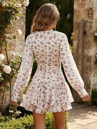 Robe courte à imprimé floral rose col en V manches longues été 2026