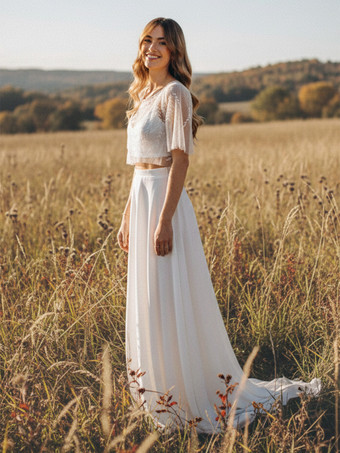 3ピースウェディングドレス レース サテン生地 イリュージョンネックライン ジッパー ハーフスリーブ