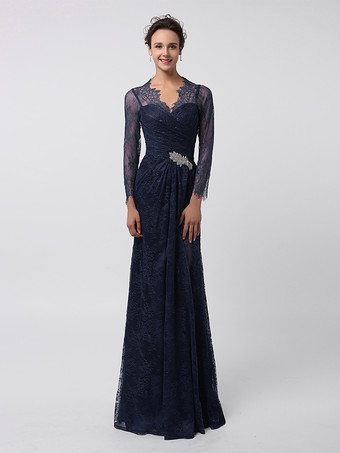 Bleu MarineRobe de mère de mariée manche longue transparente au sol robe de cocktail de mariage