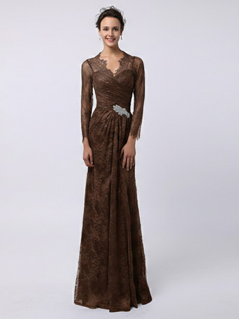 Chocolat Robe de mère de mariée manche longue transparente au sol robe de cocktail de mariage