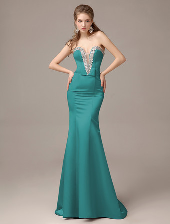 Verde azulVestido de noche de satén con escote en corazón