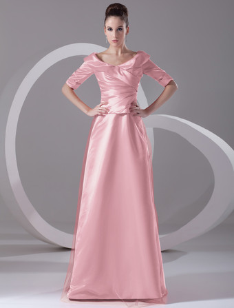 ピンクイブニングドレス Vネック プロムドレス ボールガウンライン パーティードレス レッド サテン ファスナー ロング丈 五分袖 フォーマルドレス 演奏会ドレス 結婚式 二次会ドレス 発表会 ナチュラルウェストライン ウェディング ティアード