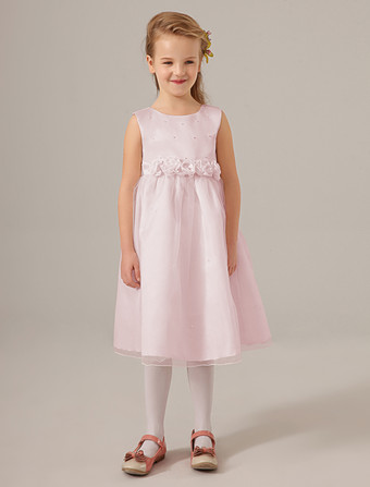 RosaVestido para las damitas de tul con escote redondo y adorno arrugado