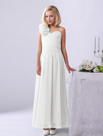 Ivoire Robe de fille de fleur robe cortège enfant verte en chiffon bustier à une épaule zip sur dos longueur cheville