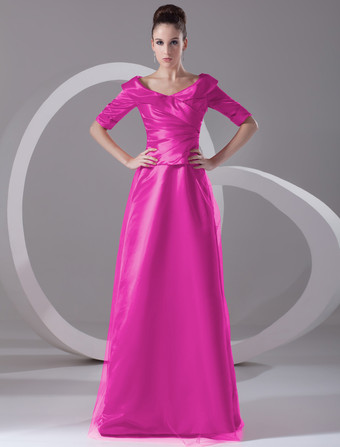 マゼンタイブニングドレス Vネック プロムドレス ボールガウンライン パーティードレス レッド サテン ファスナー ロング丈 五分袖 フォーマルドレス 演奏会ドレス 結婚式 二次会ドレス 発表会 ナチュラルウェストライン ウェディング ティアード