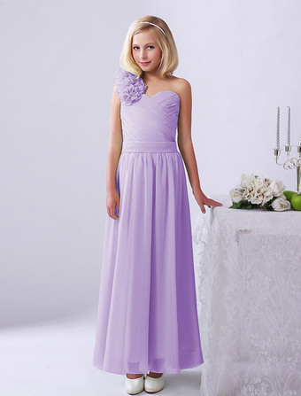 LilasRobe de fille de fleur robe cortège enfant verte en chiffon bustier à une épaule zip sur dos longueur cheville