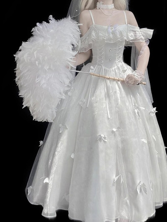 姫ウェディング スイートロリータ ノースリーブ パール ホワイト ロリータ ドレス デイリーカジュアルドレス