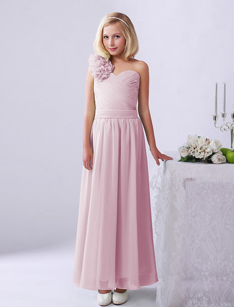 Pale RoseRobe de fille de fleur robe cortège enfant verte en chiffon bustier à une épaule zip sur dos longueur cheville