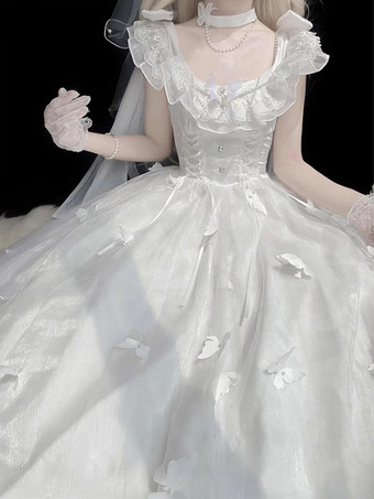 姫ウェディング スイートロリータ ノースリーブ パール ホワイト ロリータ ドレス デイリーカジュアルドレス
