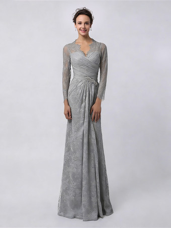 GrisRobe de mère de mariée manche longue transparente au sol robe de cocktail de mariage