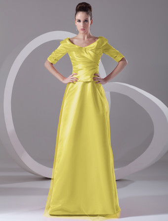 スイセン色イブニングドレス Vネック プロムドレス ボールガウンライン パーティードレス レッド サテン ファスナー ロング丈 五分袖 フォーマルドレス 演奏会ドレス 結婚式 二次会ドレス 発表会 ナチュラルウェストライン ウェディング ティアード