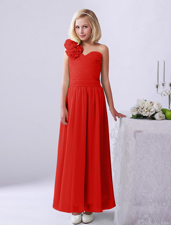 Rouge Robe de fille de fleur robe cortège enfant verte en chiffon bustier à une épaule zip sur dos longueur cheville