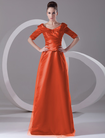 ブラウンイブニングドレス Vネック プロムドレス ボールガウンライン パーティードレス レッド サテン ファスナー ロング丈 五分袖 フォーマルドレス 演奏会ドレス 結婚式 二次会ドレス 発表会 ナチュラルウェストライン ウェディング ティアード