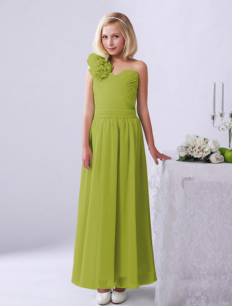 Avocat VertRobe de fille de fleur robe cortège enfant verte en chiffon bustier à une épaule zip sur dos longueur cheville