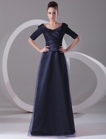 ダークネイビーイブニングドレス Vネック プロムドレス ボールガウンライン パーティードレス レッド サテン ファスナー ロング丈 五分袖 フォーマルドレス 演奏会ドレス 結婚式 二次会ドレス 発表会 ナチュラルウェストライン ウェディング ティアード