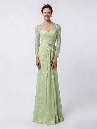 Vert CendréRobe de mère de mariée manche longue transparente au sol robe de cocktail de mariage