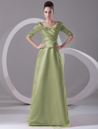 アーミーグリーンイブニングドレス Vネック プロムドレス ボールガウンライン パーティードレス レッド サテン ファスナー ロング丈 五分袖 フォーマルドレス 演奏会ドレス 結婚式 二次会ドレス 発表会 ナチュラルウェストライン ウェディング ティアード