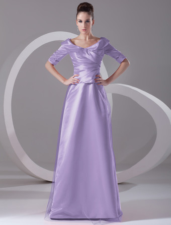 ラベンダーイブニングドレス Vネック プロムドレス ボールガウンライン パーティードレス レッド サテン ファスナー ロング丈 五分袖 フォーマルドレス 演奏会ドレス 結婚式 二次会ドレス 発表会 ナチュラルウェストライン ウェディング ティアード